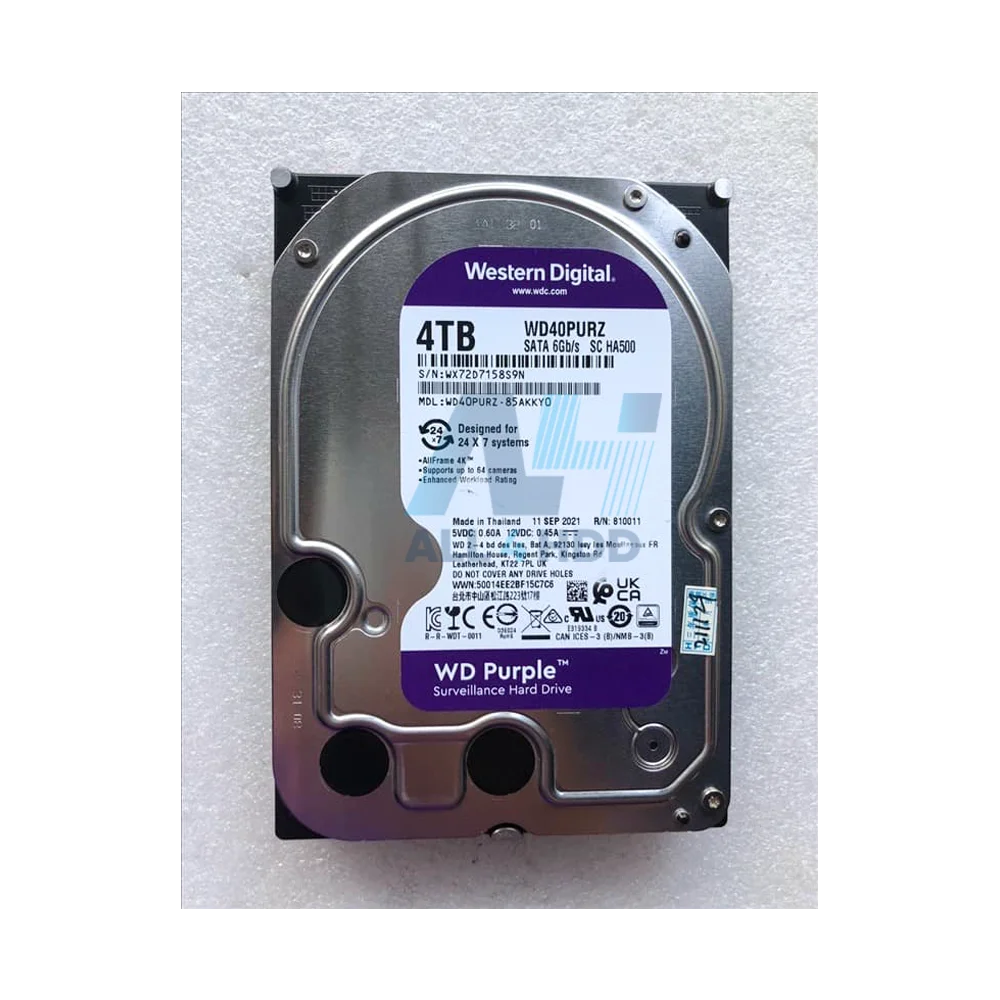 WD40PURZ 4TB WD Purple Surveillance HDD – 3.5" SATA 6Gb/s Drive with 64MB Cache for 24/7 NVR & DVR Systems