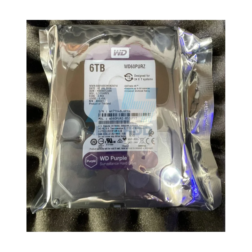 WD60PURZ 6TB WD Purple Surveillance Hard Drive – 3.5" SATA 6Gb/s HDD with 256MB Cache for 24/7 Security Systems